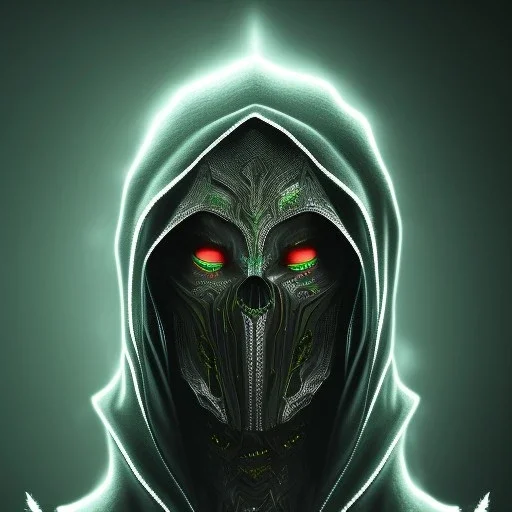 A portrait of a man with glowing green eyes wearing a big black hood and dark clothes