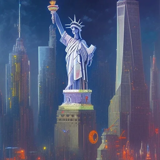 Steampunk scene of futuristic Liberty Statue of New York, masterpiece ,galaxian sci-fi portrait ,in the style of John Berkey