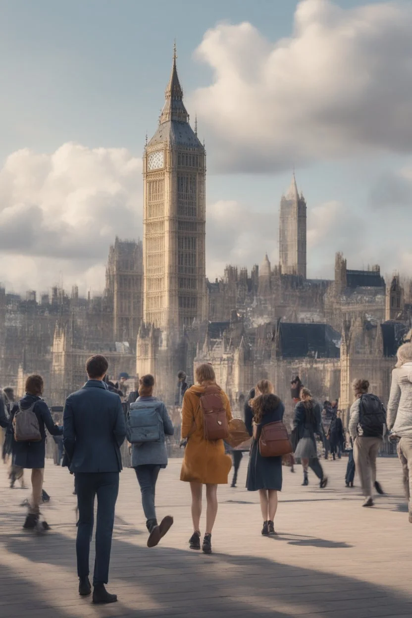 English, step by step. Learning English. The English alphabet is flying around people like a whirlwind. The city of London is in the background. Big Ben and Tower Bridge are visible. High quality 8 K. People are learning English.