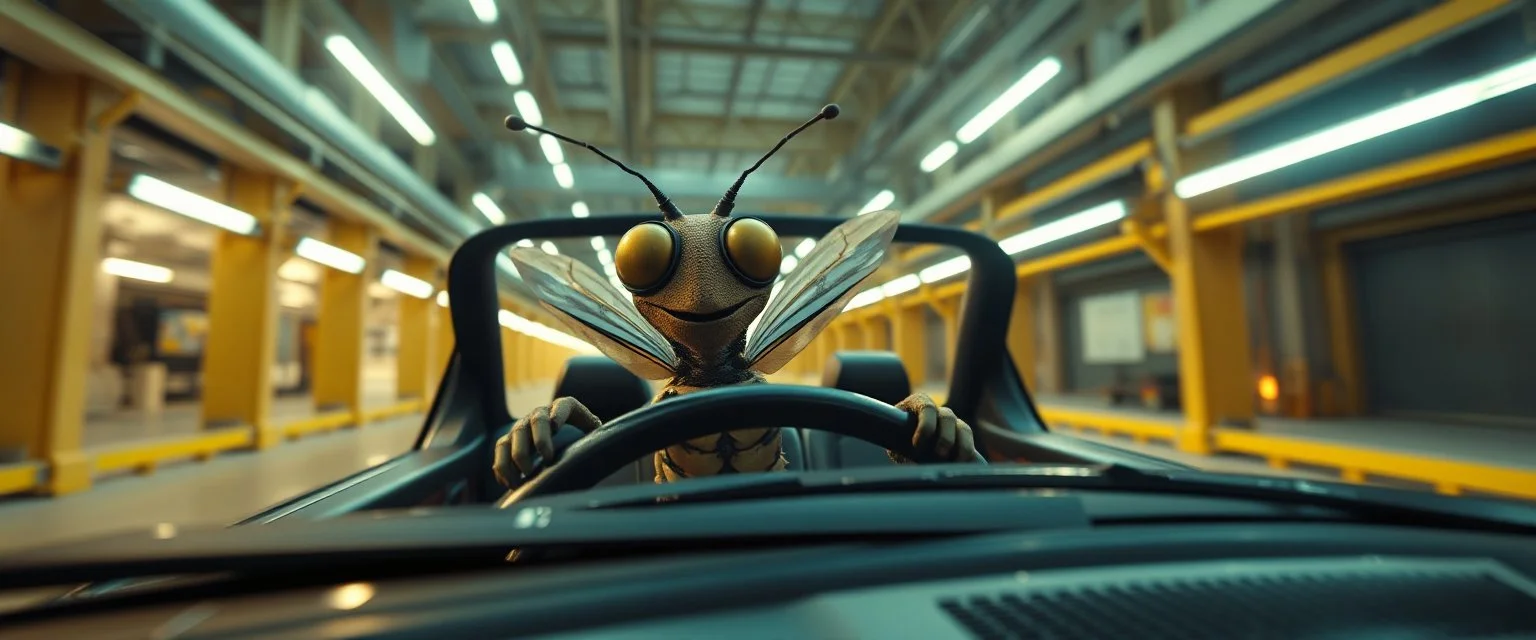 car driving happy 2d insect man in the style of Escher and Giger and Fallout 4, pinhole cam, airbrush 3d rendering, on tv screen:A five-second cinematic single take in a clean industrial presentation hall.