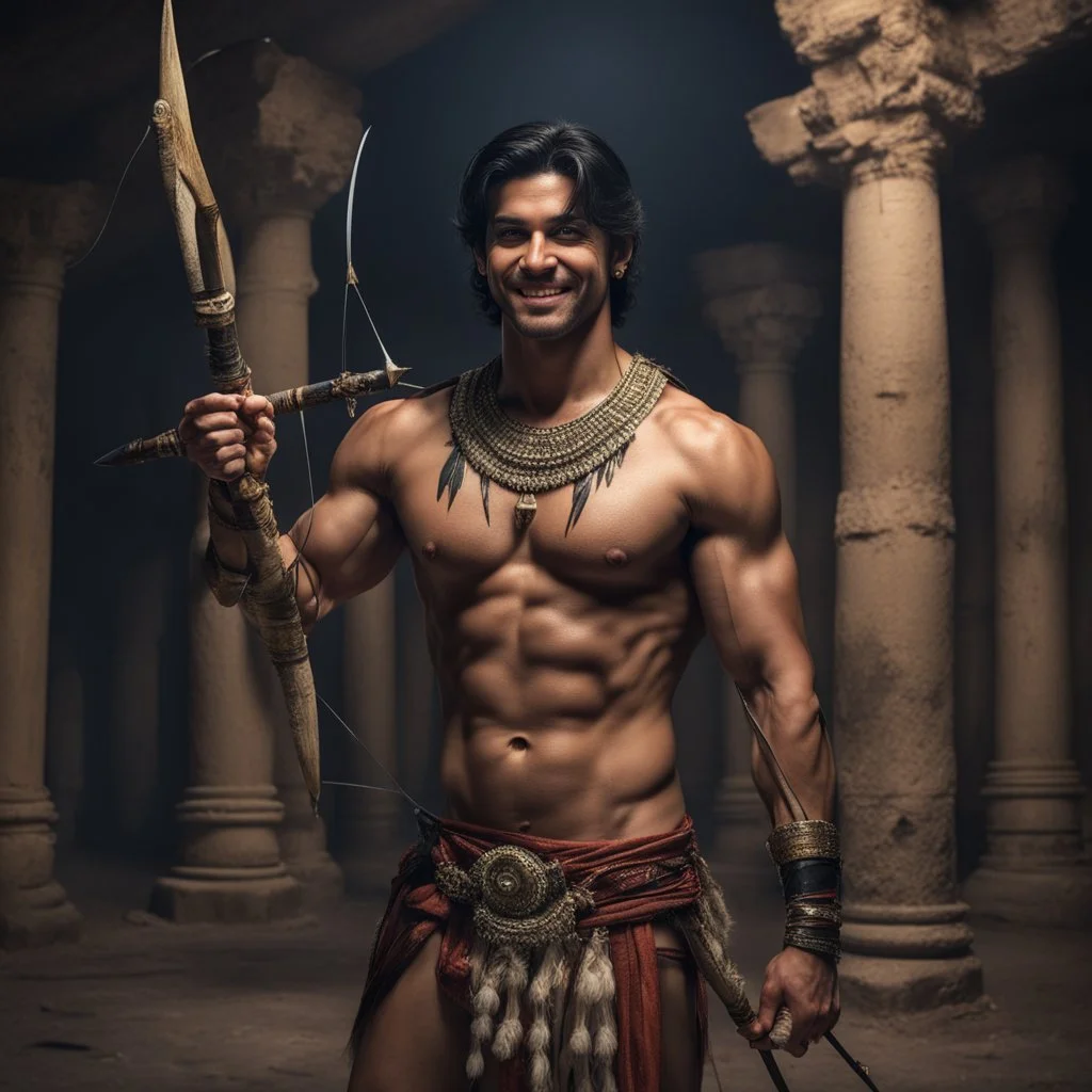 Hyper Realistic shirtless muscular handsome short black hair Indian King smiling & holding bow & arrow in dark catacombs with traditional pillars at night