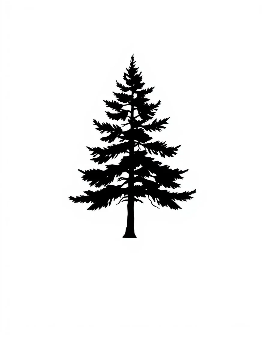 2 isolated spruce/pine tree silhouette with ground shadow, simplified black on white clipart