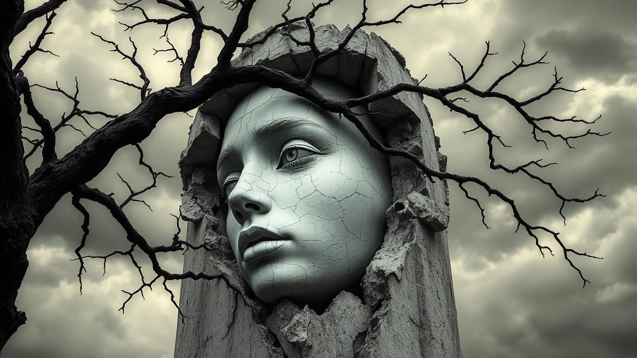 surrealis monochrome A fragmented, surreal sculpture liguid color of photorealistic image 3d,psychedelic art of small a women face glossy emerging from dreamlike a crumbling building. The face appears pale with deep cracks and intricate details, evoking a haunting expression. Blackened tree branches intertwine with the gold mengkilat cracks, set against a backdrop of stormy, cloud-filled skies. bauhaus art The overall tone is dark and moody, suggesting themes of decay and transformation. Include