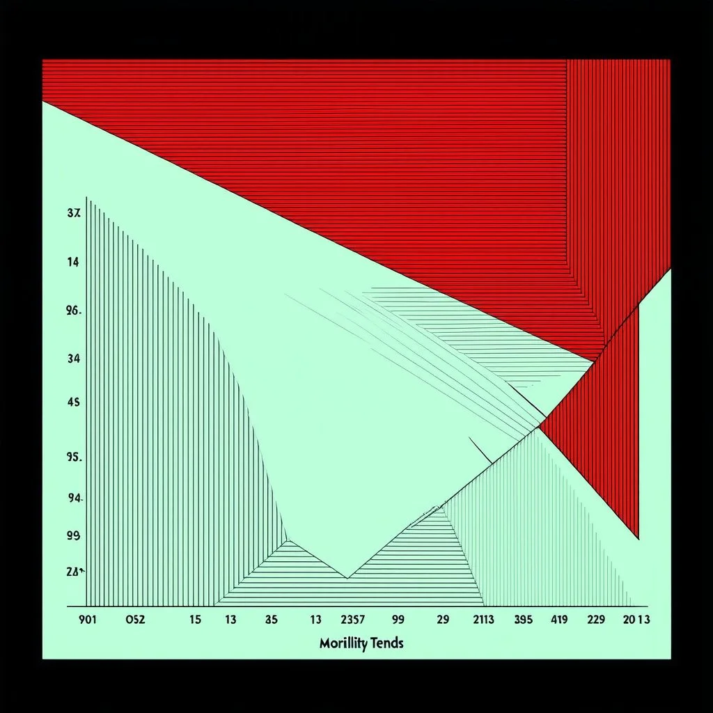 🏁 schematic of mortality trends, Braille language textures, abstract geometric art, straight lines and precise angles, by Arthur Secunda and Don Hertzfeldt and Wassily Kandinsky, mind-bending illustration; sci-fi poster art, asymmetric, 2D, red hues, warm colors, dark background.