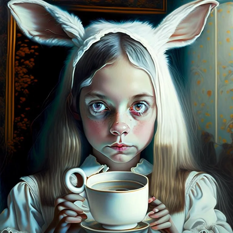 #Leonardoai Alice , photorealistic ,pop surreal , lowbrow art , enchanting portrait of a cute little girl , wearing rabbit ears , and drinking tea , together with a white rabbit , sweet , magical , cosy warm light , whimsical, alluring , dazzling ,, expressive