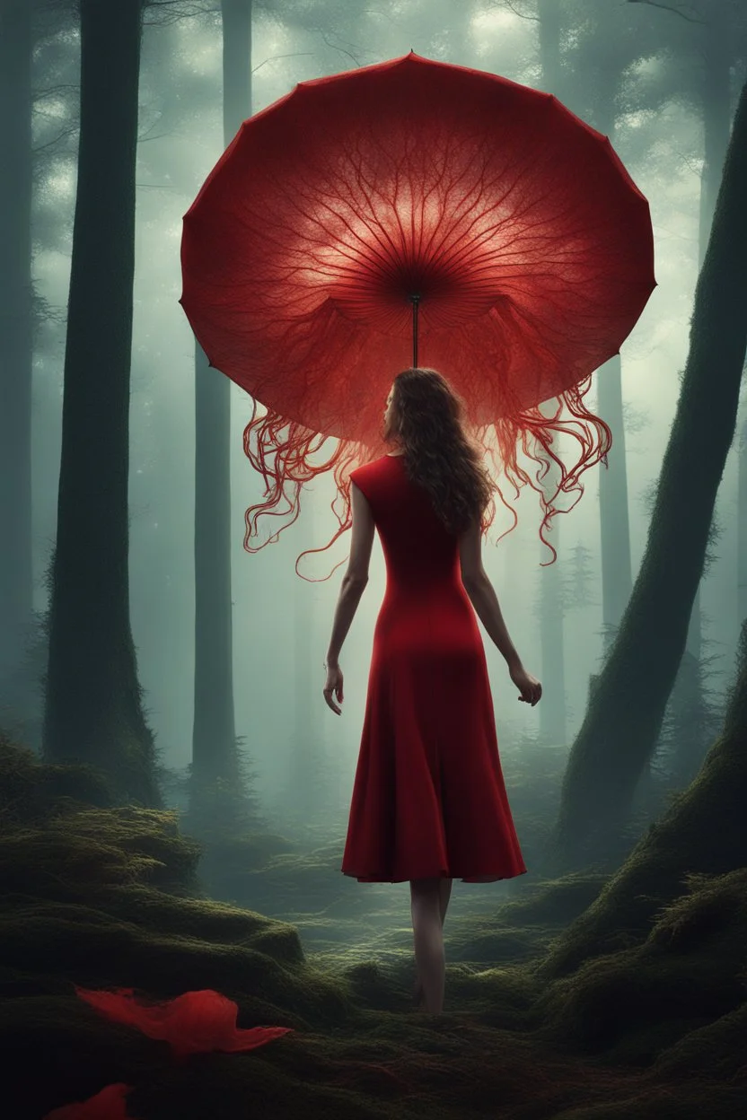 tall slim woman in a red dress, in a forest, holding an umbrella made from a jellyfish, detailed matte painting, deep colour, fantastical, intricate detail, splash screen, complementary colours, fantasy concept art, 8k resolution, Unreal Engine 5