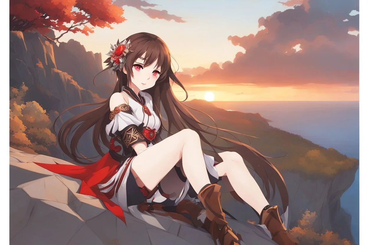 woman with long brown hair, red eyes, pale skin, highly detailed, intricate background, intricate face, sitting on a cliff during sunset, contemplative, anime style, Genshin Impact inspired, wears a Genshin Impact, pyro vision bracelet, dynamic composition