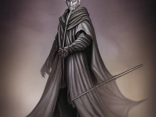 Tall Wizard, dark broody, long staff in hand, grey cloak, photorealistic