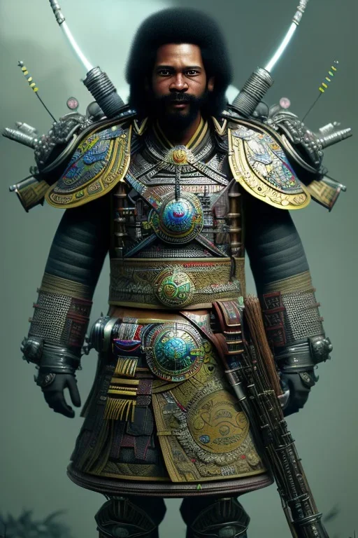 No1st_cr1t1kal, Charlie White, full portrait of black samurai gaspunk, high detail, volumetric lighting, tiny features, intricate detail, volumetric clouds