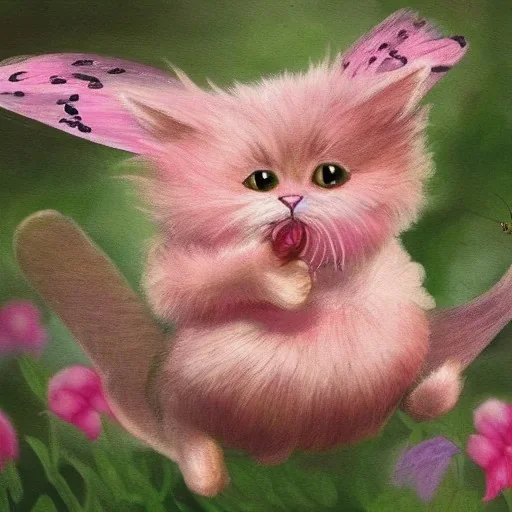 pink fur cat catching butterfly highly detailed