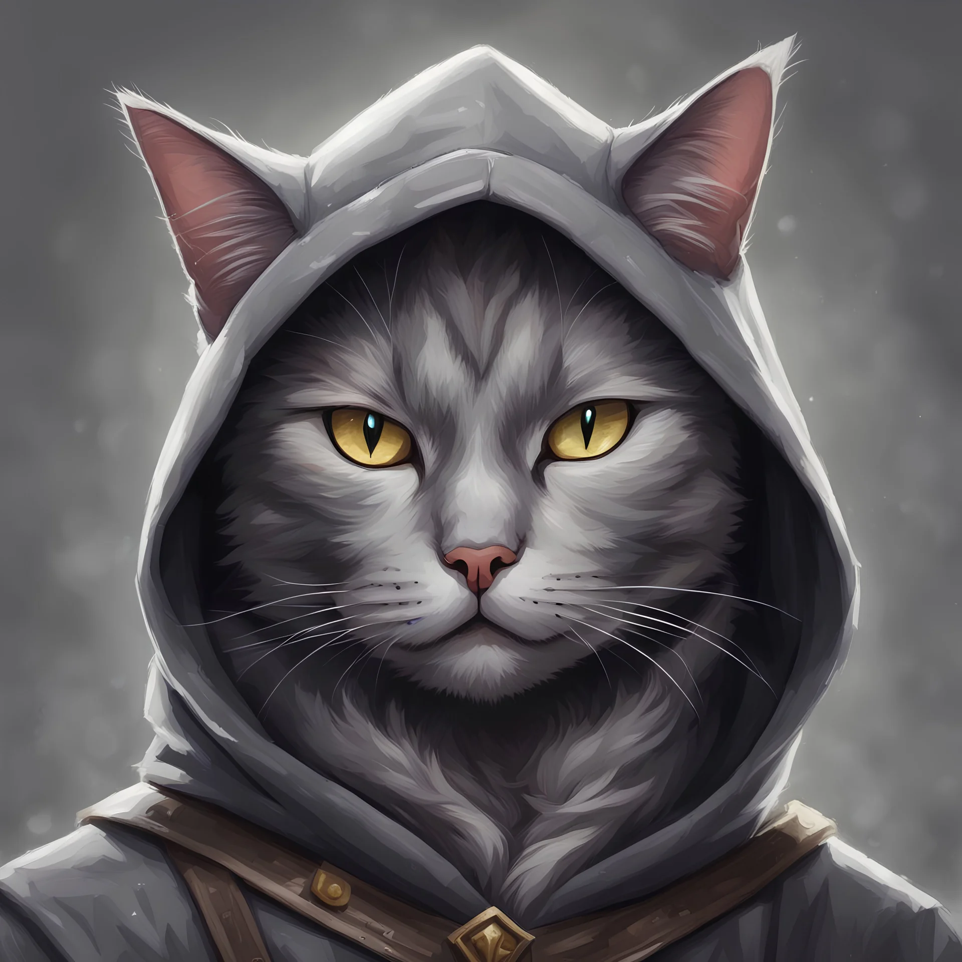 dnd, portrait of hooded gray male cat-human
