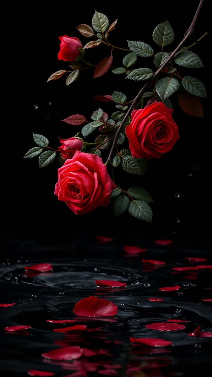 The image is a digital artwork that depicts a branch of tree of Red roses and leaves tangling in to a water in the river with aThe rose floats on the surface of the water, creating a wave-like effect. The background is black, which makes a branch of a tree of red roses stand out even more. Water droplets are scattered adding to the dreamy, ethereal quality of the image.all leaves and background are red