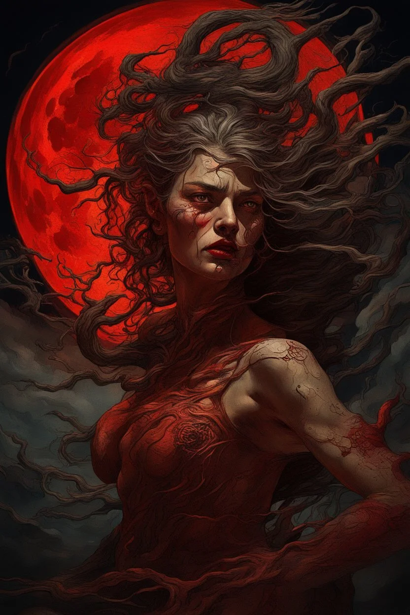 A dramatic digital painting portraying a warrior-girl and horror monster under the Red Moon, veins pulsing, claws of temptation visible, soul in turmoil. In the style of Salvador Dali and Van Gogh , vivid colors, swirling brushstrokes, highly detailed, 8k resolution, surrealistic., juicy emotions, painting, gloomy fantasy, gloomy day, dark world, portrait, oil and graphite, wide strokes, a weaving frame around, by Ryohei Hase, Agnes Cecile, Raymond Swanland, Anne Bachelier