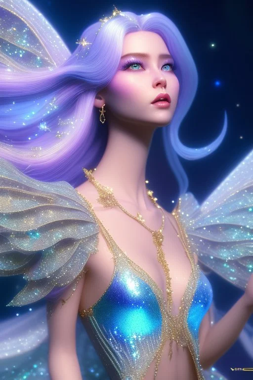 woman glitter blue fairy in a galactic ambiance, long blue hair, detailed gorgeous smile, delicate colors in the foreground, full of details, smooth, light effect，vaporwave colorful, smooth, extremely sharp detail, finely tuned detail, ultra high definition, 8 k, unreal engine 5, ultra sharp