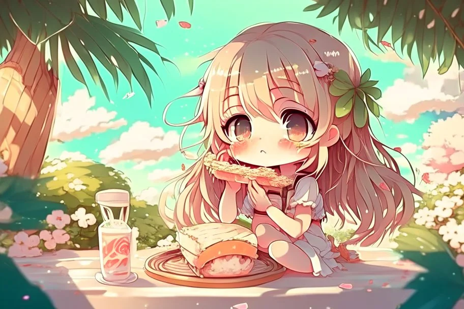 cute chibi girl eating in the paradise