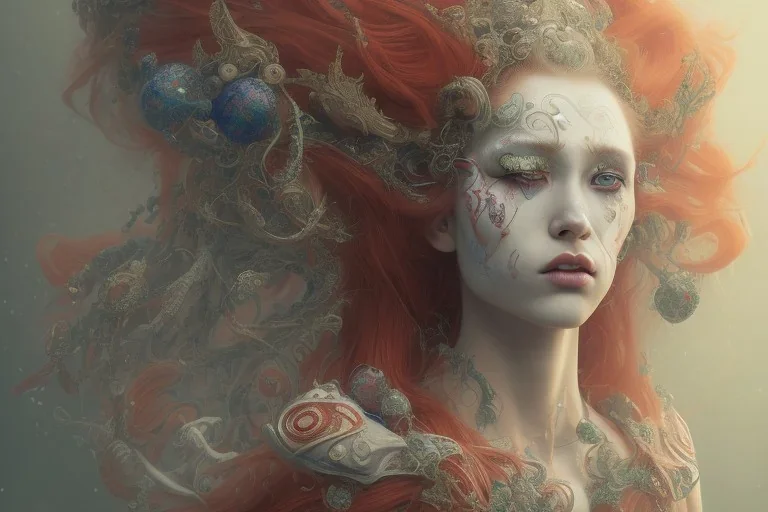 head and shoulders portrait, long red hair, face paint, jester/clown, Takato Yamamoto artist, Akiya Kageichi artist, Jedediah Berry inspired, 8k resolution concept art portrait, dynamic lighting, hyperdetailed, intricately detailed, maximalist, beautiful, peaceful