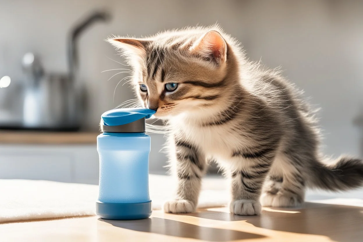 Cute tabby kitten sniffing ice water spilling from a thermos in a kitchen in the sunshine. Ice cubes and snowflakes.