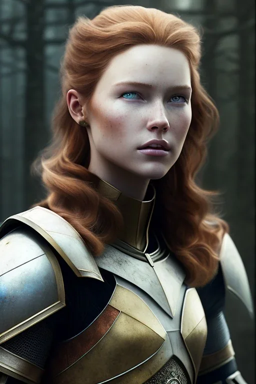 ultrarealistic, concept art, ruined city,__skimpy fantasy armor__, no star, __angles__, 18 year old woman, strikingly beautiful,ginger hair, _colour_, (pale __skincolor__ skin:1.2), __camera__, _hair_, detailed face and eyes, medium breasts, fantasy theme, freckles, dynamic pose, resolved expression, __accessory__, strappy outfit, (straps:1.1), sword in scabbard on left hip, (buckles, buttons, snaps, rings:1.0), haltertop style breastplate, detailed eyes, plump lips