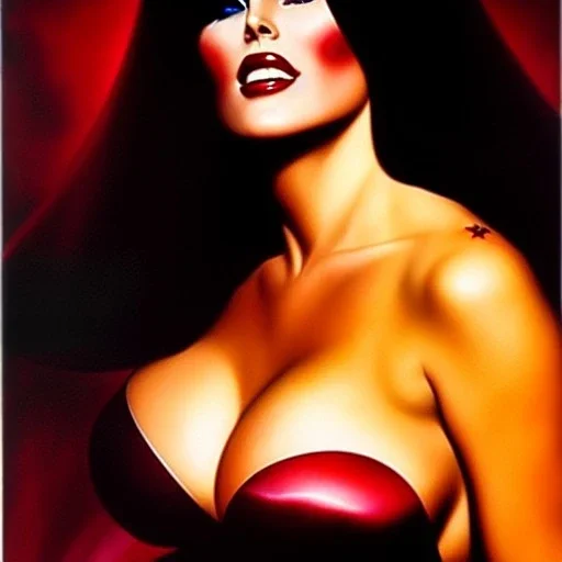 portrait oil on canvas, beautiful busty Vampirella, minimal armor,comic book cover, mystical colors,insanely detailed,realistic,intrincate detail, 16k resolution, masterpiece,Frank Frazetta,Alex Horley, Simon Bisley,