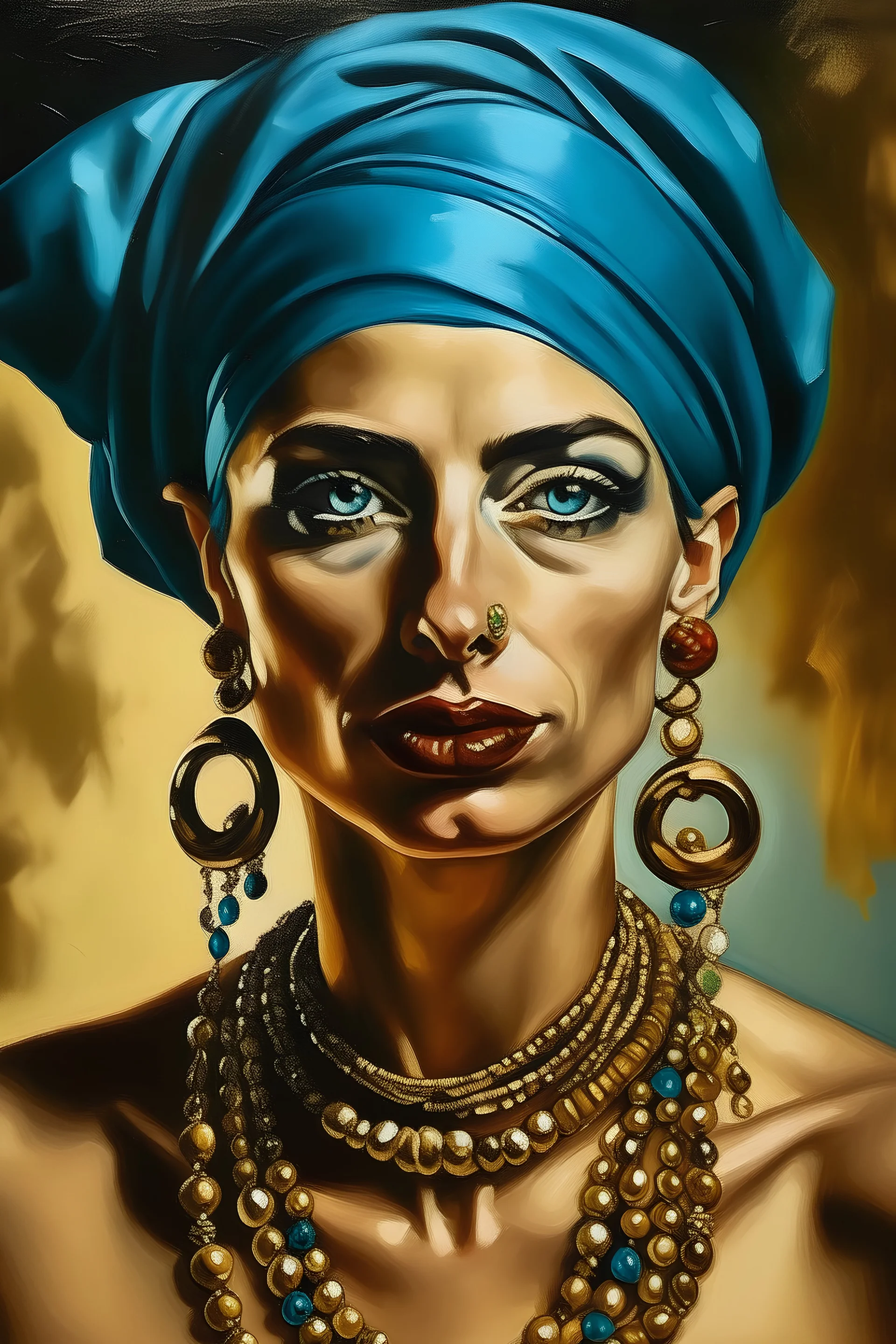 Portrait of l woman in turban with jewellery painted in style of Salvador Dali