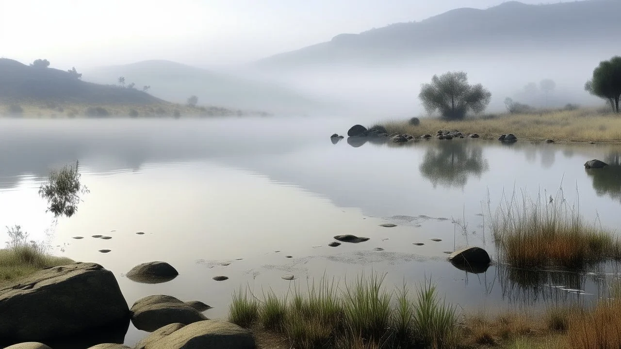 SA wide shot of a lake with a rocky shoreline under a foggy sky. The lake is calm and reflects the sky, with some tall grass growing near the edge. A large pile of rocks forms a barrier or dam along the right side of the frame, sloping upwards. Several people are sitting or standing on the rocks near the water's edge. In the distance, mountains are visible through the fog. Streetlights line the top of the rocky barrier, disappearing into the fog. The color palette is muted, with shades of gray,