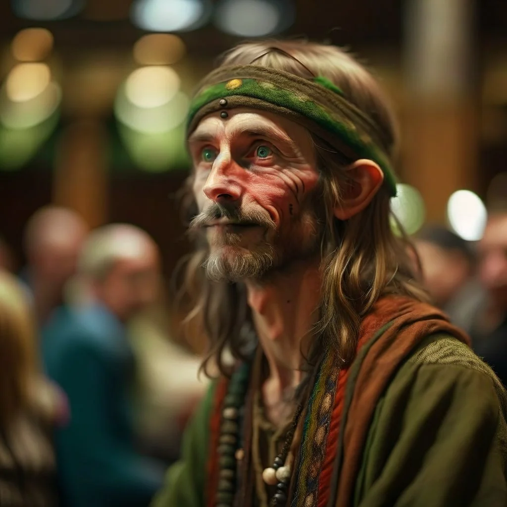 portrait of hippie wood elf in royal ancient concert hall , photo-realistic, shot on Hasselblad h6d-400c, zeiss prime lens, bokeh like f/0.8, tilt-shift lens 8k, high detail, smooth render, down-light, unreal eng