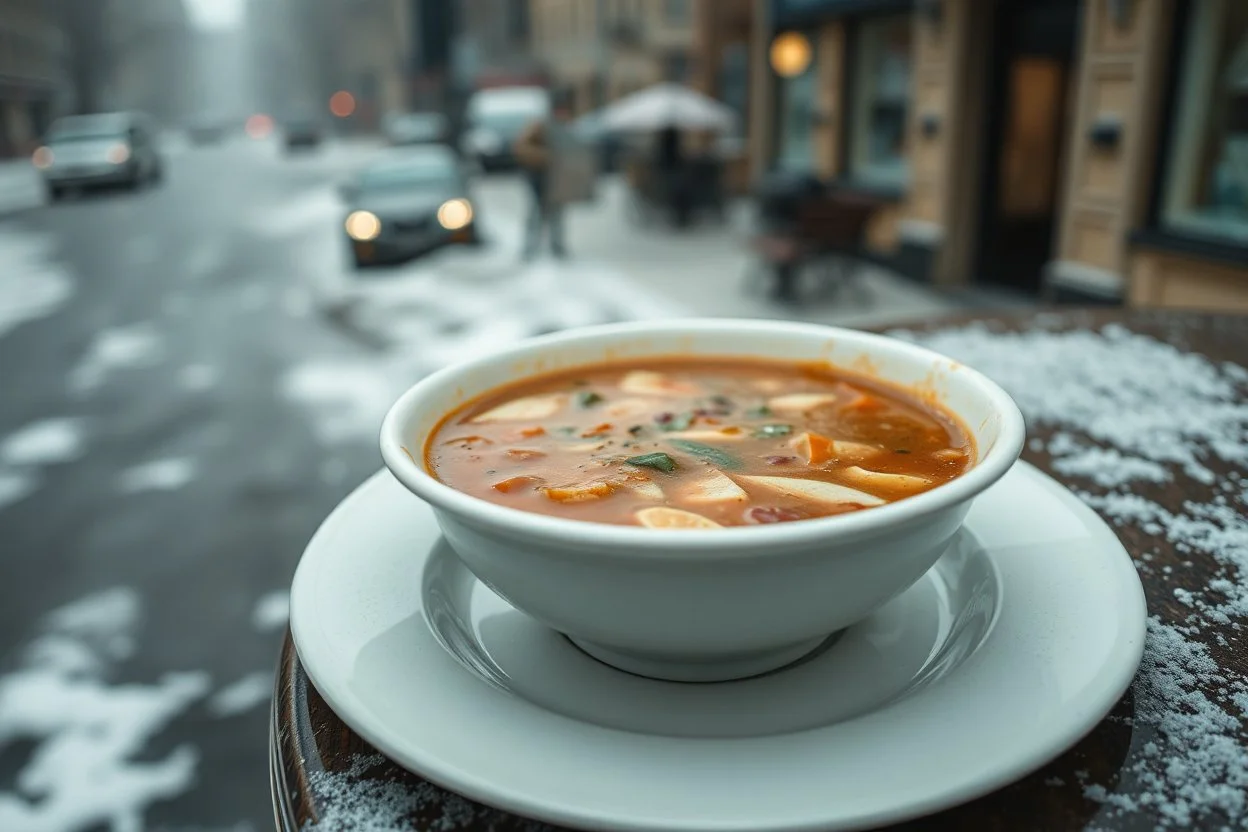 an old white plate of steaming soup on table in outside, city, hig realistic, high contrast, sharp focus, gloomy mood, winter, blur background, street, perfect shot, perfect composition