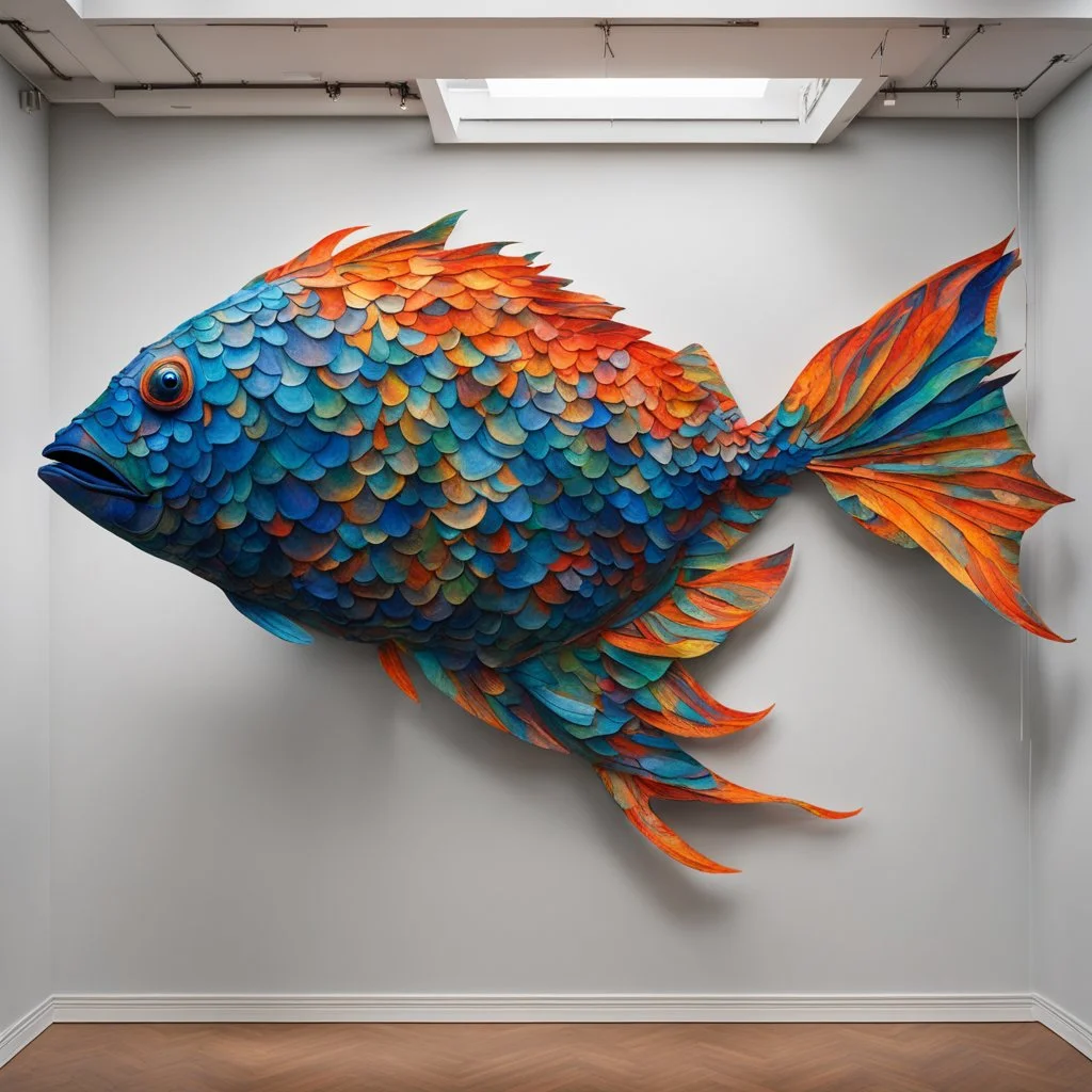 Picture a 3D fish silhouette about 10 feet long and 6 feet high, suspended in the air. The frame has several horizontal ribs, which are covered with overlapping textile pieces in bright blues, oranges, and greens, featuring intricate patterns and textures reminiscent of fish scales. Imagine the scales gently rising and falling in a wave-like pattern. As viewers move around the installation, they see different parts of the sculpture come to life with subtle movements. Soft blue and green lights c