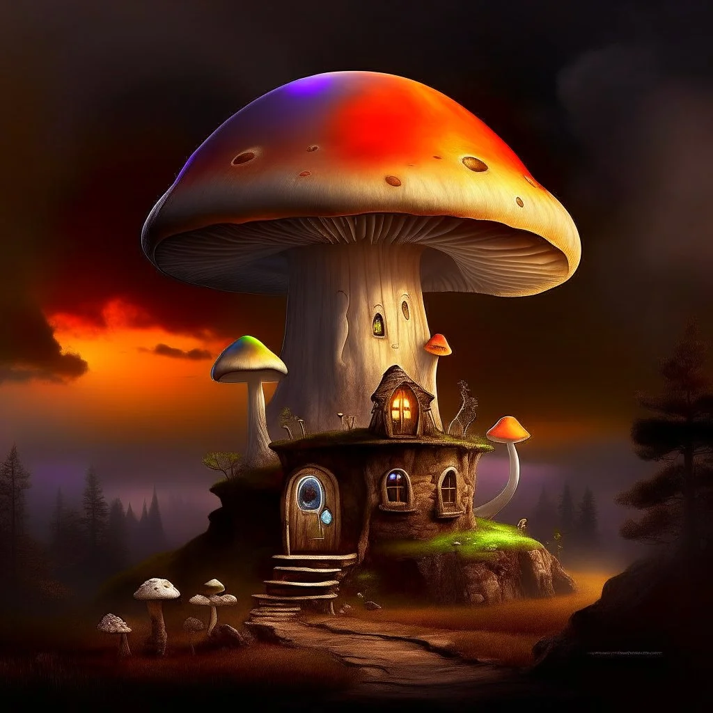 A rustic white, orange, and green (((mushroom house))) perched atop a (tall geologic pillar), surrounded by a ((( rainbow haze ))), offset by the subtle hues of an (dark space scape), within. captured by the hand a skilled master painter with a focus on (hard bold compositions and voluminous lighting).detailed matte painting, deep color, fantastical, intricate detail, splash screen, exaggerated colors, fantasy concept art, 8k resolution