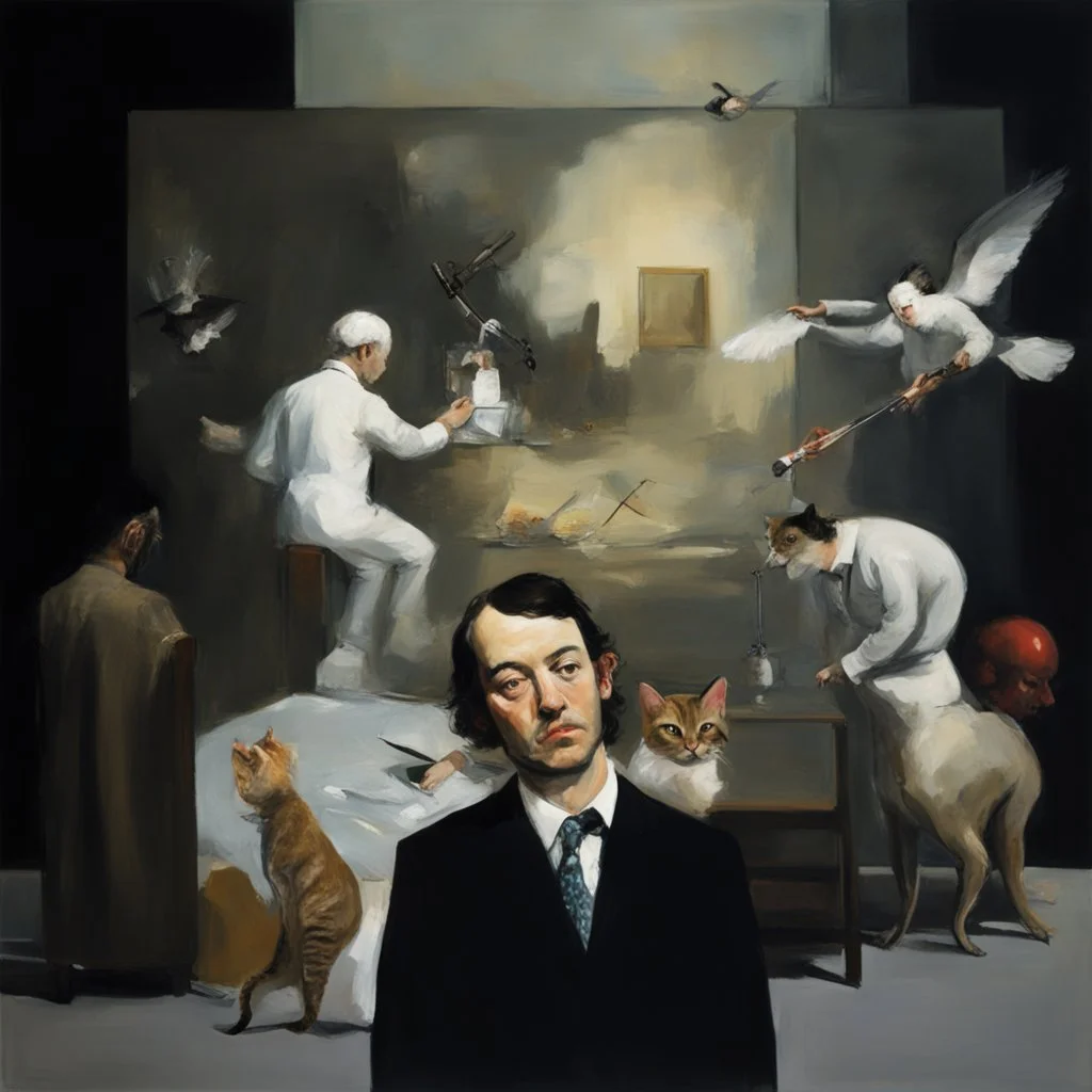 UN conference,a cat and human flesh-like surgical instruments and universe-like a pigeon and neuralink, surrealism,minimalism,Painting By Adrian Ghenie, Rene Magritte, Salvador Dali, Lucian Freud