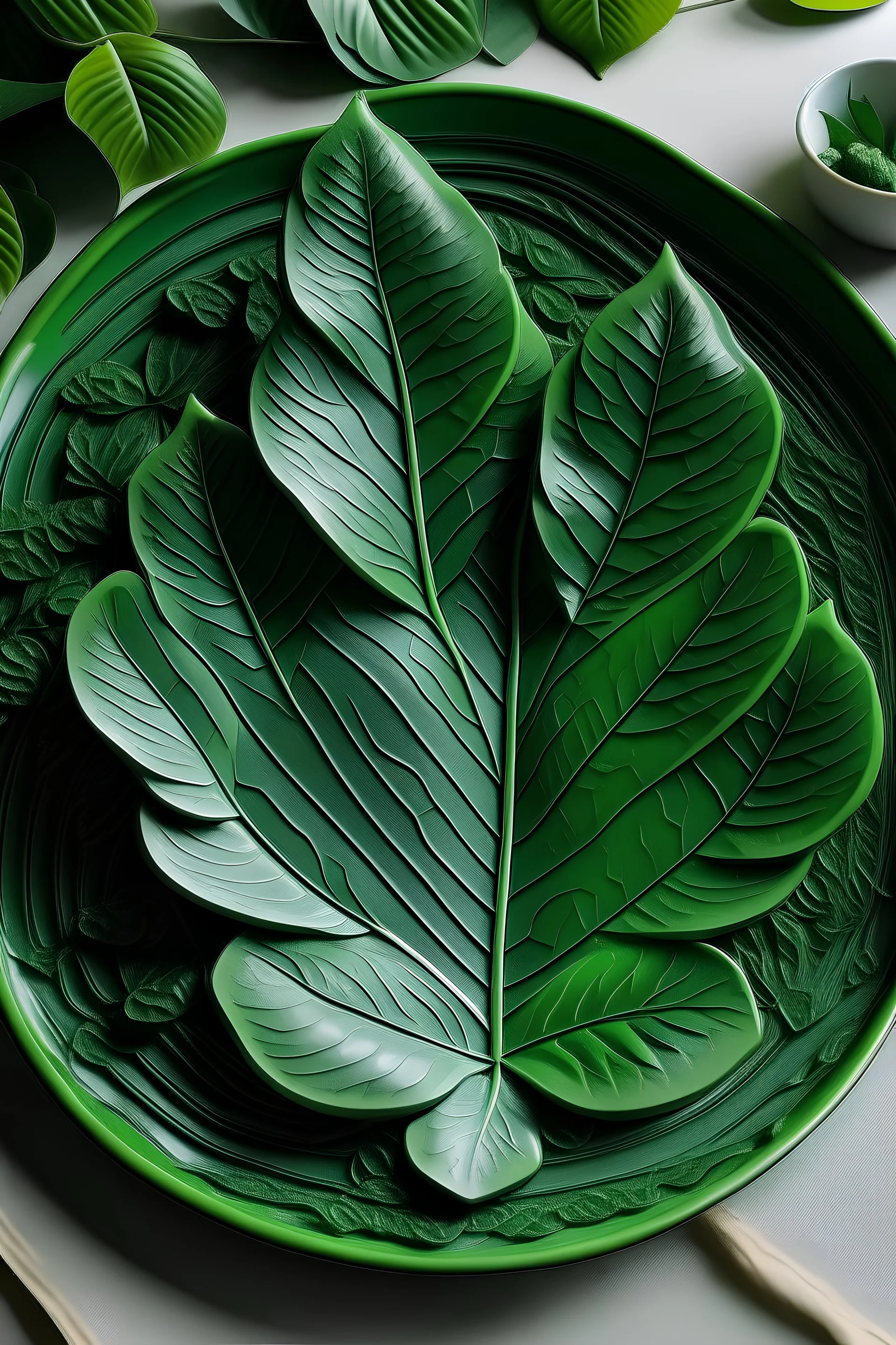 Green plates in leaves shape