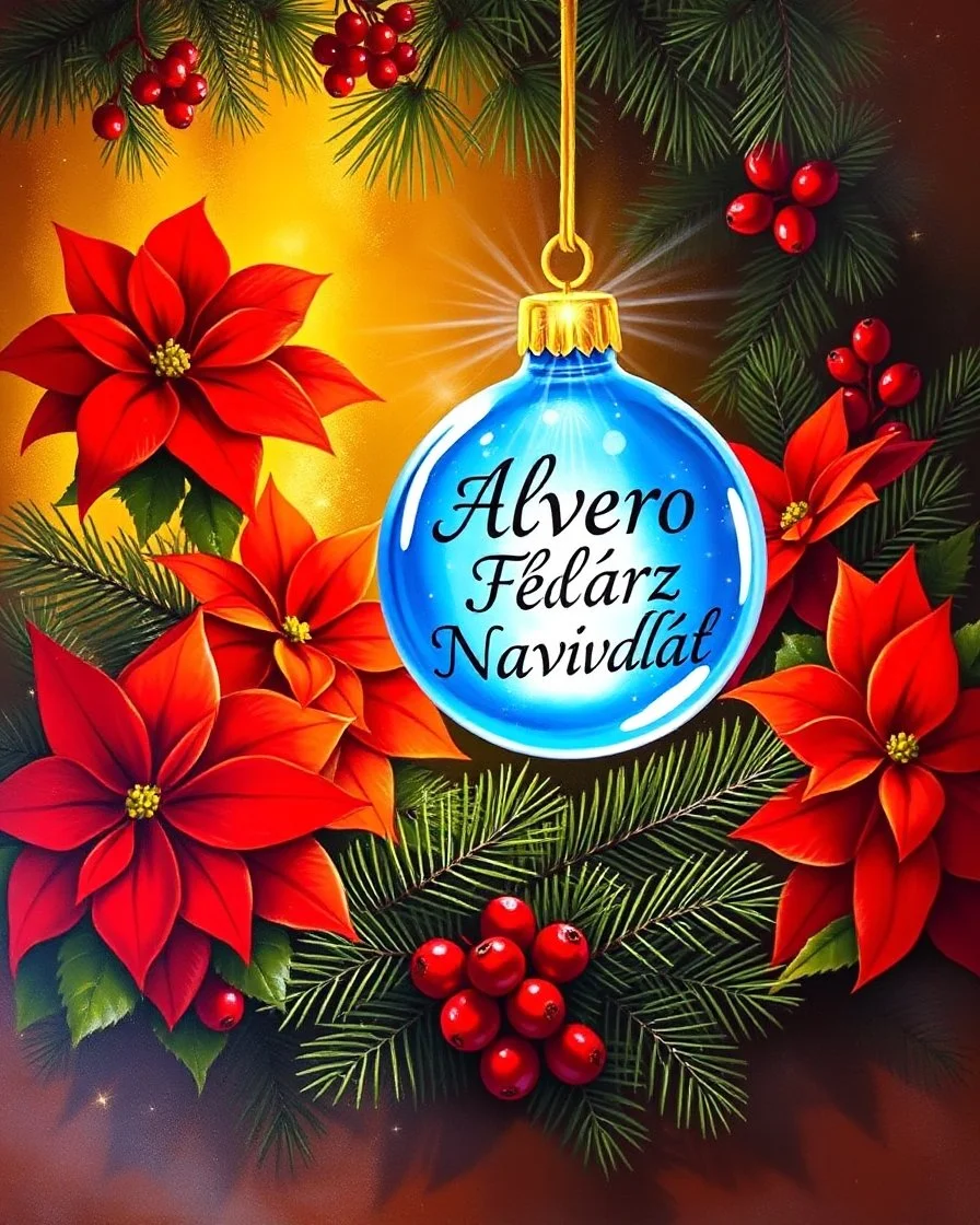 Christmas scene, with a bright blue Christmas ornament with the inscription ((("Alvaro"))) ((("Felíz Navidad"))). The ornament radiates light and stands out brightly among a vibrant arrangement of red poinsettias, clusters of red berries, and pine branches. Warm and welcoming atmosphere, with a background that combines golden and dark tones. The artwork captures the essence of the Christmas season.