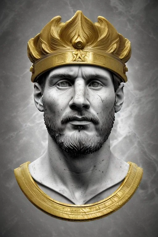 Ultra Realistic image, Roman sculpture, white marble material, Lionel Messi, gold Laurel leaves wreath, renaissance ornaments, one gold star in heart, marble background, chisel style, waist up portrait, emperor style, epic, celestial, cinematic lighting, God light, god rays, 4k resolution, smooth details, ornate details, soft lighting, unreal engine 5, art station, substance 3d.