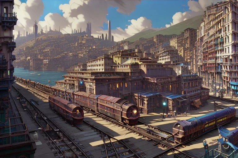 Close up Train head+Elevated Train pass+trains+ corner building on sea+riomaggiore+genoa street+Italian medieval town+Italian city+alphonse mucha, greg rutkowski,matte painting, cryengine, hyper detailed, felix kelly, fantasy art, seb mckinnon