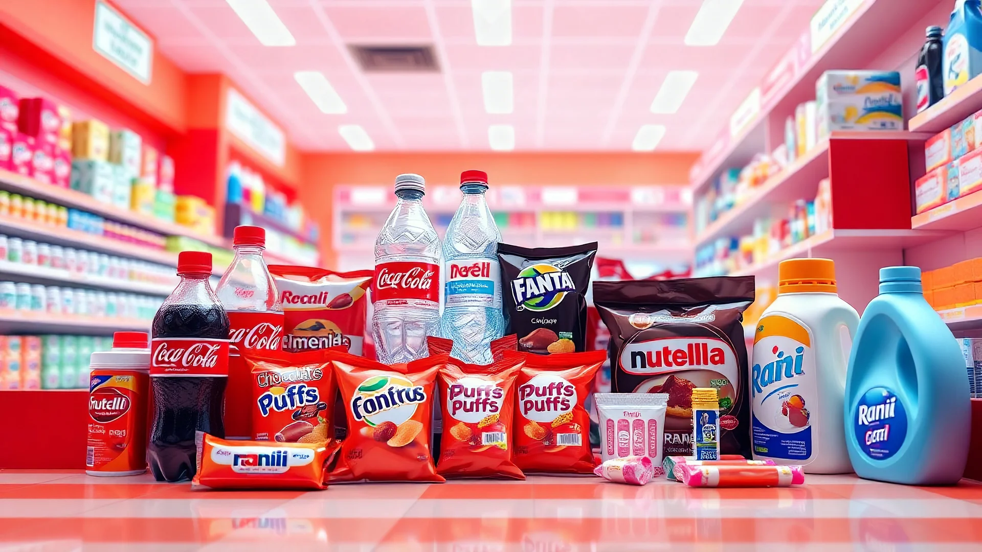 A 3D design of supermarket items such as soda, Coca-Cola, Fanta, mineral water, chocolate, packaged cakes, chips, puffs, Nutella, Rani, candy, shampoo, detergent with an orange, red, and white color theme in a special psychedelic space.