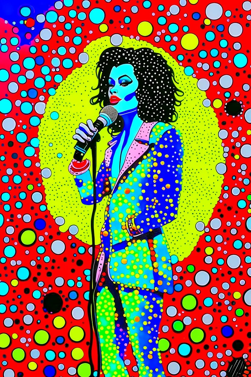 colorful Illustration of a michael jackson microphone in hand and looking at the camera. Polka dots in the background. by munch