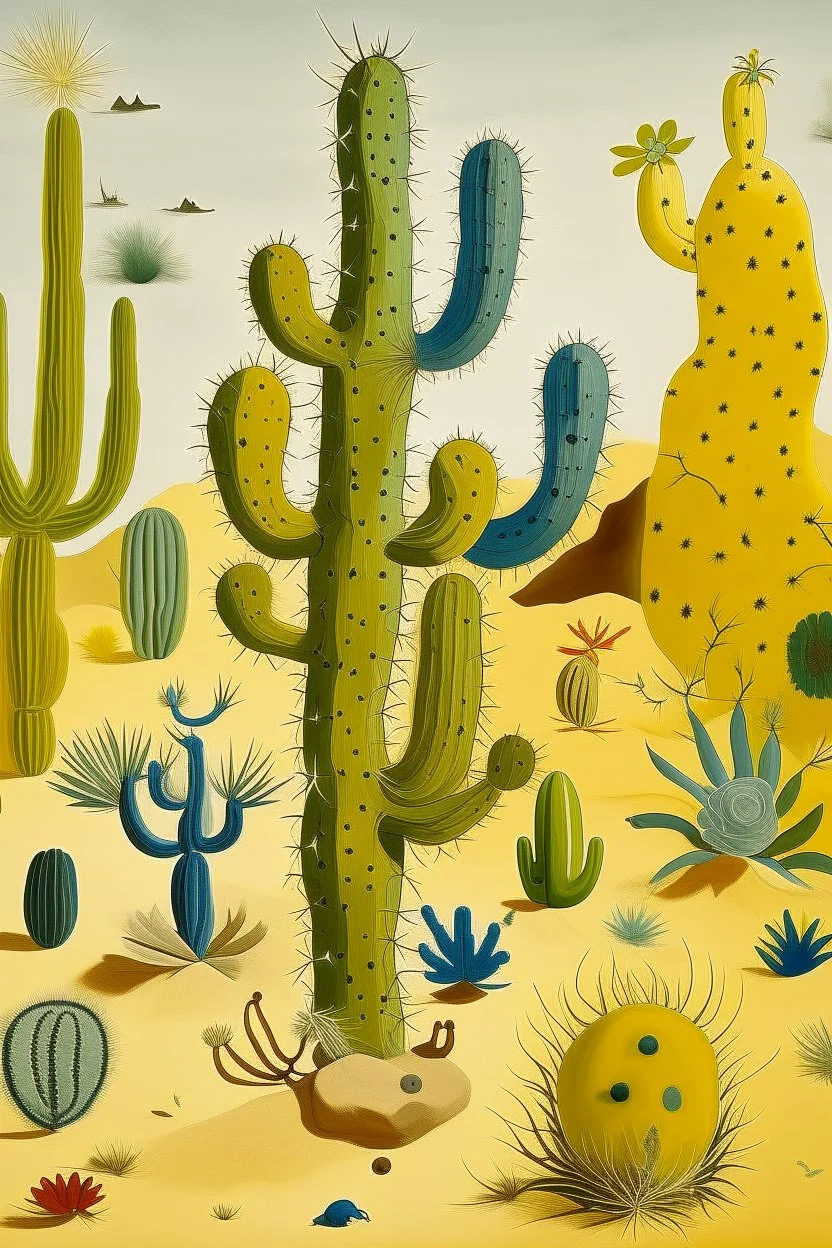 A pale yellow desert with cactus designed in German folk art painted by Joan Miro
