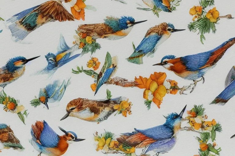 giftwrap pattern with watercolor of kingfishers, children's book illustration, white parchment paper, wrapping paper, white linen, in the style of e. h. shepard, in the style of classic winnie the pooh