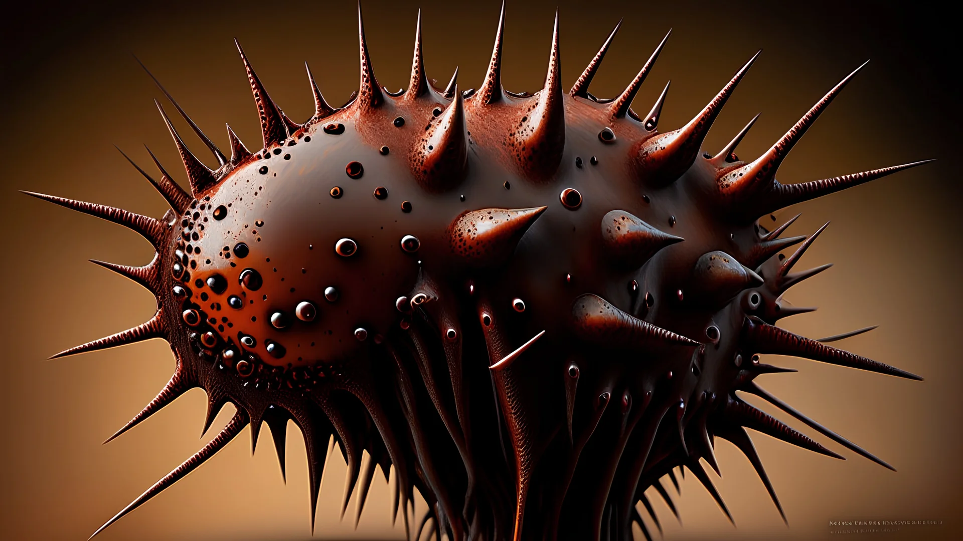 hyperrealism maximum details side view alien life form brown blood slime iron rusty spikes