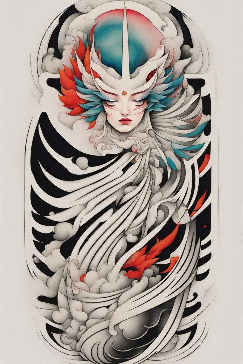 Create a captivating modern 2d colorfull ink tattoo design for print , using the elegant influences of japan art style, for print, dynamic elements from fashion and design, and bold Japanese contemporary art aesthetics, framing centered in the center, distanced from the edges of the paper perimeter, perfect anatomy, bauhaus, Divine Proportion,