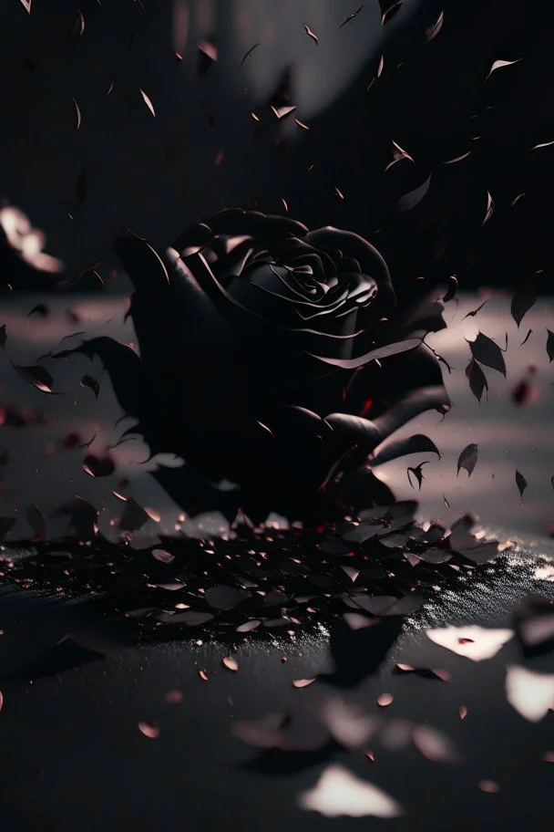 abstract image of a black rose, petals are falling to the ground, each petal has a cinematic scene on it like an old cinema movie scene, one of a fighting couple, the other of them laughing, a third one of a girl crying, the theme is built around the picking of petals while saying he loves me, he loves me not, cinematic lighting, 8k highly detailed, surreal and striking