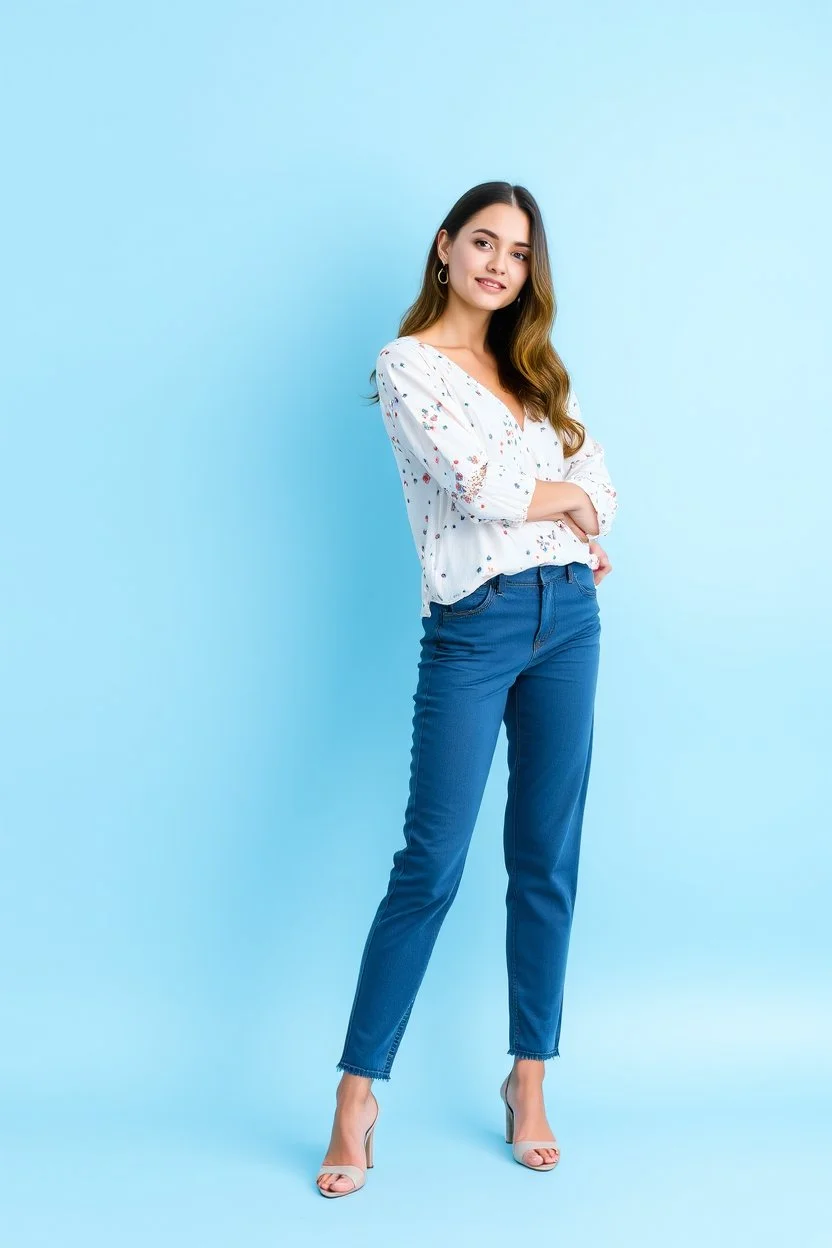 simple background a beautiful young lady wearing pretty pants and blouse standing pose