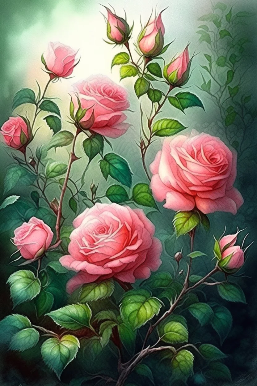 Watercolor bush of delicate pink roses plant ultra-detailed, evening, rain beautiful landscape, fog, lots of details, delicate sensuality, realistic, high quality, 3d, work of art, hyperdetalization, filigree, hazy haze, hyperrealism, professional, transparent, delicate pastel tones, back illumination, contrast, fantastic, unreal, translucent, glowing, clear lines, epic fabulous, fabulous landscape, hyperrealism