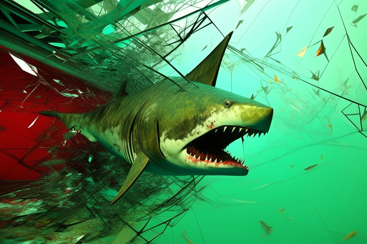 sharky structural glitch, arafed zero-composition, impossible intersection of exploding rusty scrap metal and glass fragments. Arafed tectonic shark geometry with uncanny negative space, Shark storm vibe. Ultrafade random bleak colors: watery pale light green, black, yellow, red. perspective broken, photographic texture but zero logical form. Fragmented, unnerving, anti-symmetry