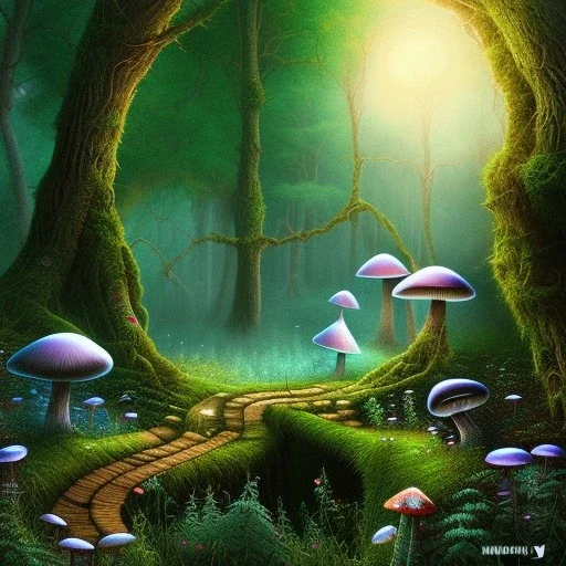 black cat, walking, psychedelic forest, crystals, mushrooms