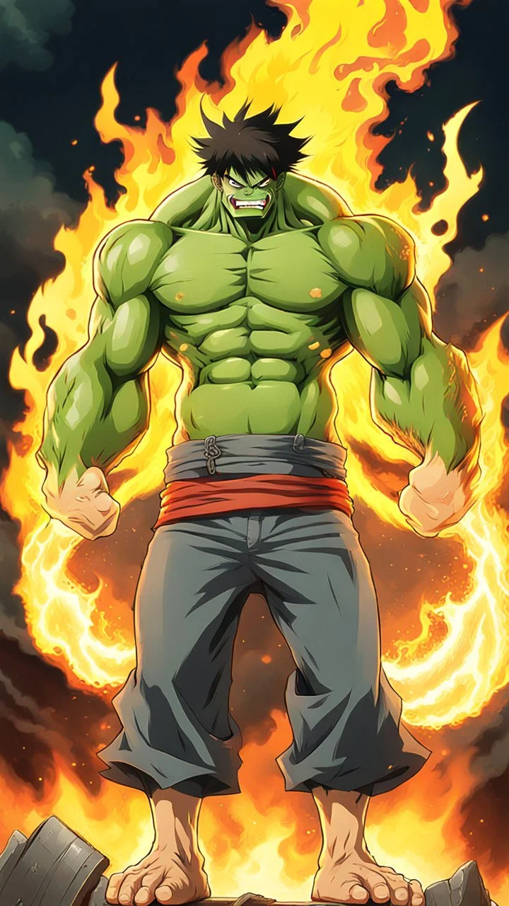Hulk LIKE LUFFY WITH MANGA STYLE AND LIGHTENING BACKGROUND +DRAGON BODY + FIRE + YELLOW HAT