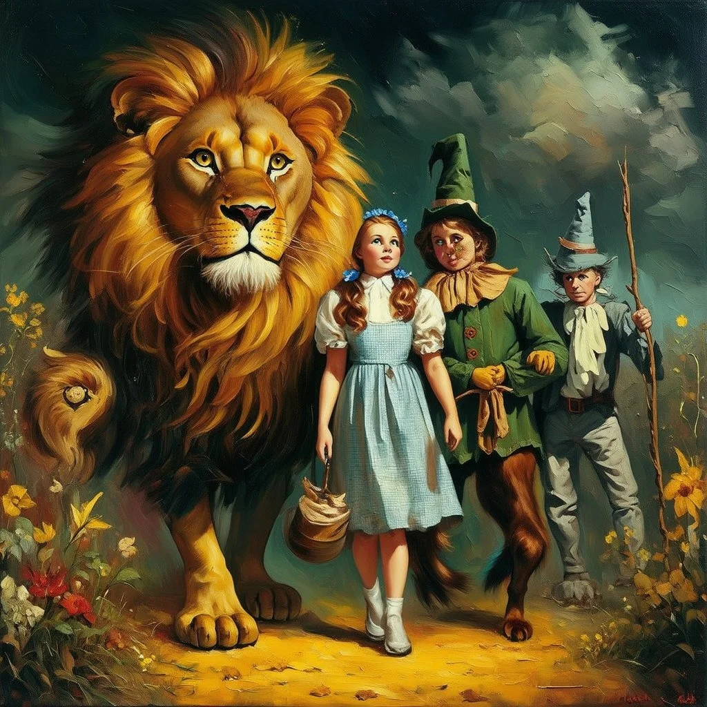action painting, painterly oil painting, subdued lighting, of a Dorethee from the Wizard of Oz together with the lion and the scarecrow