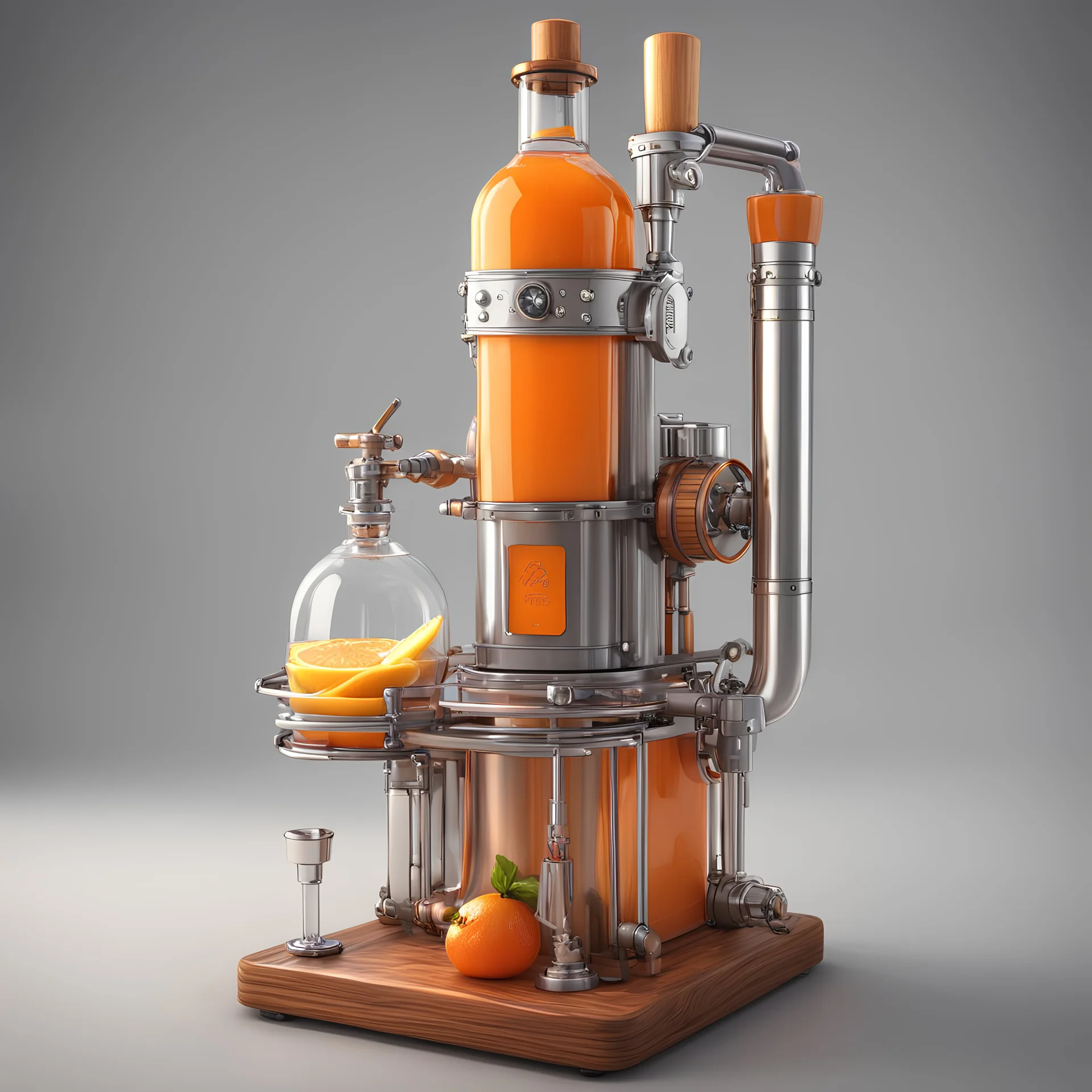 Realistic 3D rendered Cold pressed juicer in steampunk style, shinny, cogs, tap with liquid flow, liquid tap, wooden chamber, wooden handle, analog gauges, detailed with fresh orange fruits, boxy bottle installed, hydrolic system, futuristic, simple and clean, 8k post-production, artstation: award-winning: professional portrait: atmospheric: commanding: fantastical: clarity: 16k: ultra quality: striking: brilliance: stunning colors: amazing depth