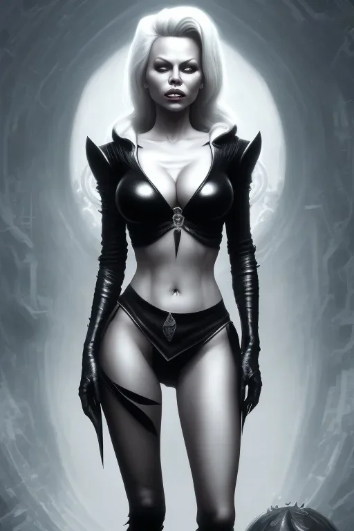 Pamela Anderson as evil queen in black leather, leather, busty, cleavage, angry, stern look. character design by cory loftis, fenghua zhong, ryohei hase, ismail inceoglu and ruan jia. unreal engine 5, artistic lighting, highly detailed, photorealistic, fantasy