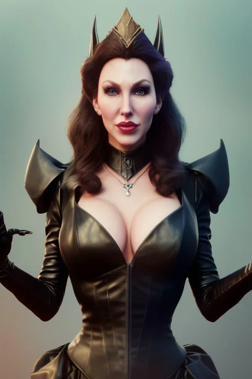 Brandi Love as evil queen in black leather, leather, busty, cleavage, angry, stern look. character design by cory loftis, fenghua zhong, ryohei hase, ismail inceoglu and ruan jia. unreal engine 5, artistic lighting, highly detailed, photorealistic, fantasy